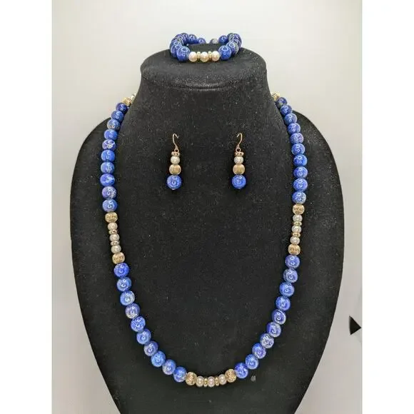 Blue Lapis Vintage Necklace Bracelet and Earring Suite with Gold Beads & Pearls - Picture 2 of 7